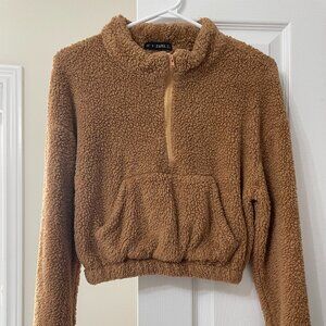 ZAFUL Women's Zip Up Faux Fluffy Cropped Teddy Sweater - Size Small